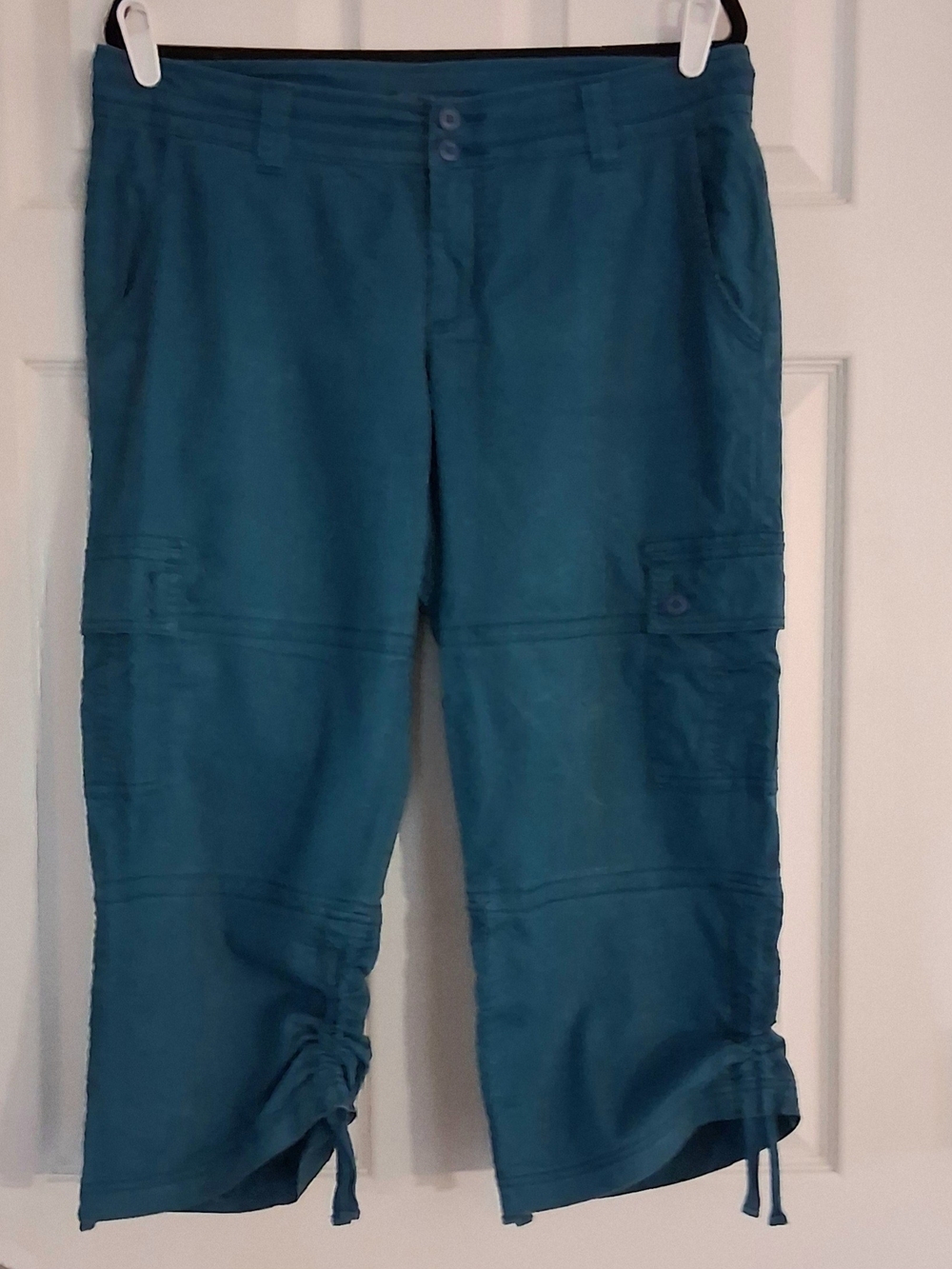 prAna Womens Teal Linen Blend Cropped Cargos Sz 12